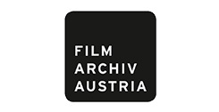 weißer Schriftzug Filmarchiv Austria auf einem schwarzen, abgerundeten Quadrat; weißer Hintergrund