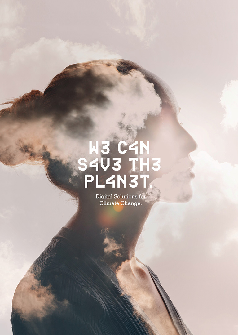 A persons head in a cloudy sky - with text: W3 C4n s4v3 th3 pla4n3t. Digital Solutions for Climate change.