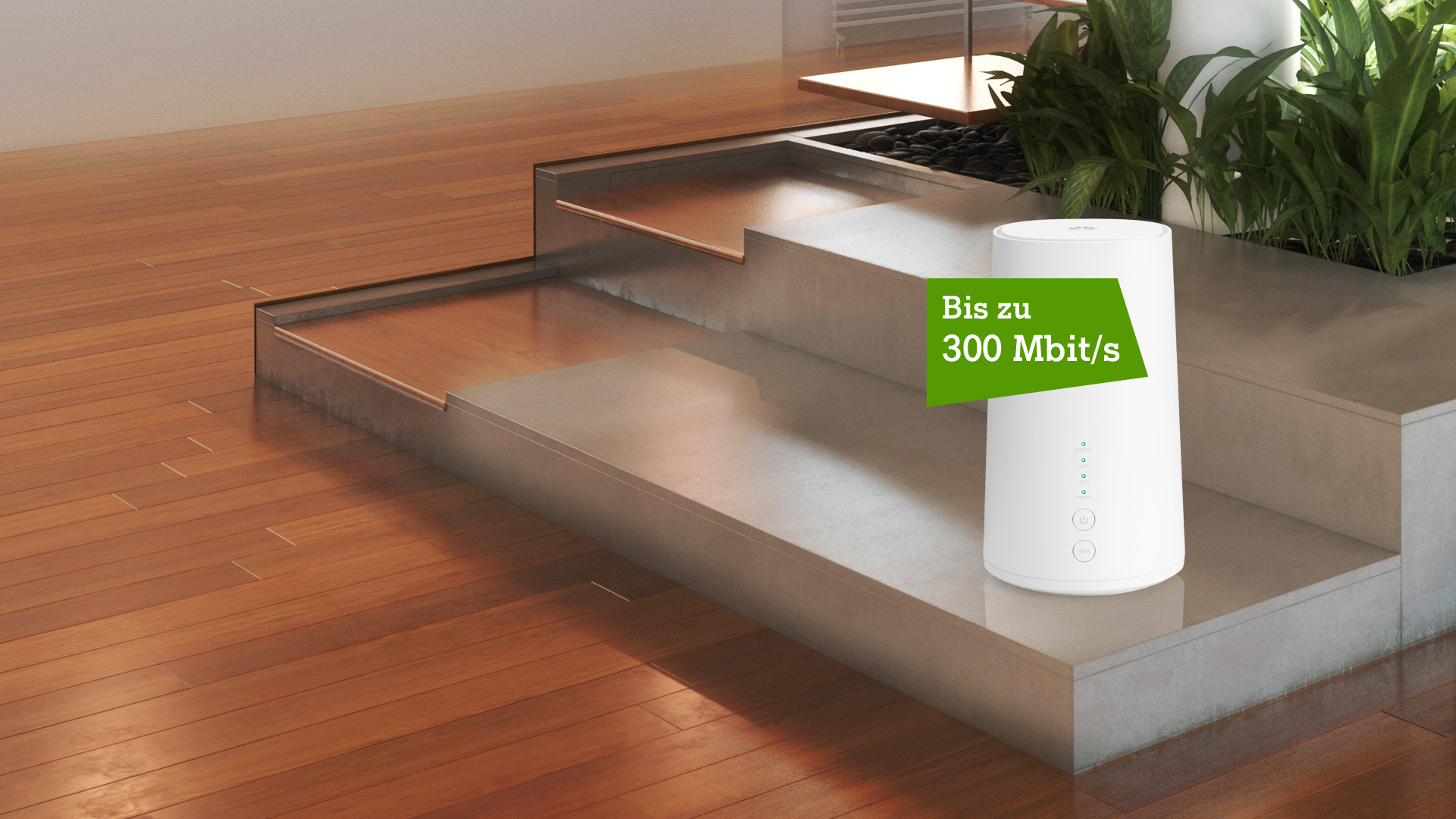 Net Cube Plus auf Wohnzimmertisch mit Störer: bis zu 300 Mbit/s