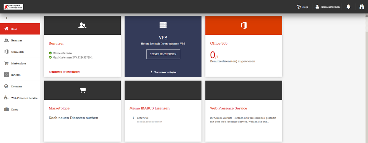 A1 Marketplace Admin Portal Startansicht