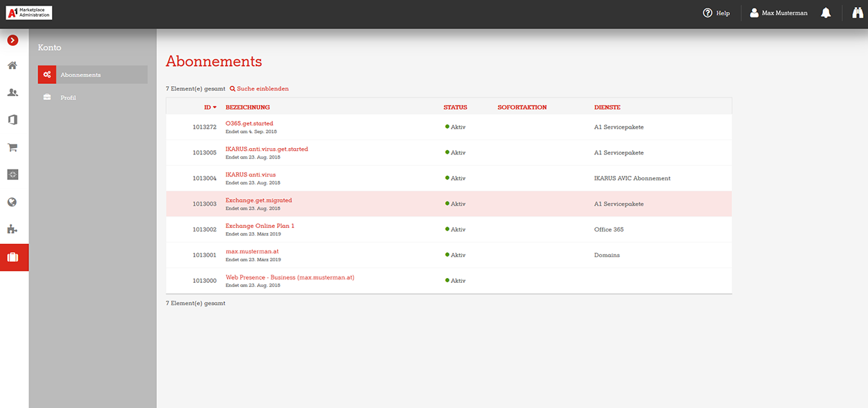 A1 Marketplace Admin Portal Abonnements
